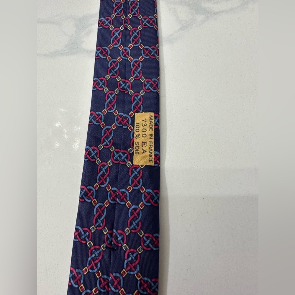 Hermes Tie Silk Chain Link Pattern Geometric Print - Picture 2 of 8